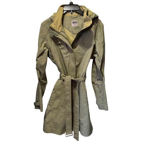 REI Hooded Front Zip With Belt Rain Jacket/Trench Coat Size L - Picture 1 of 14